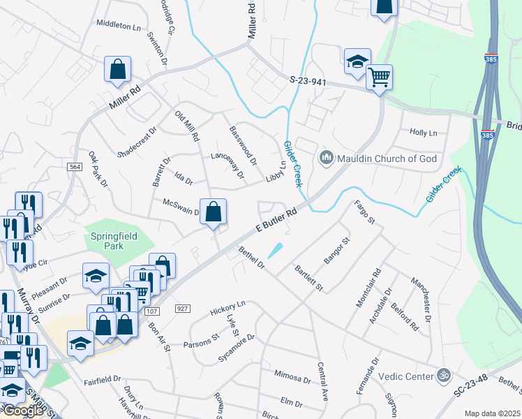 map of restaurants, bars, coffee shops, grocery stores, and more near 1901 Spring Wood Drive in Mauldin