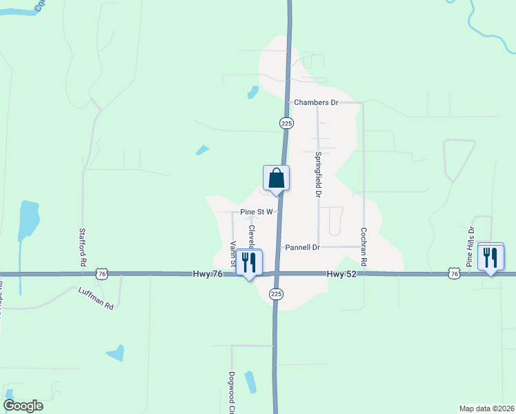 map of restaurants, bars, coffee shops, grocery stores, and more near 1729 Georgia 225 in Chatsworth