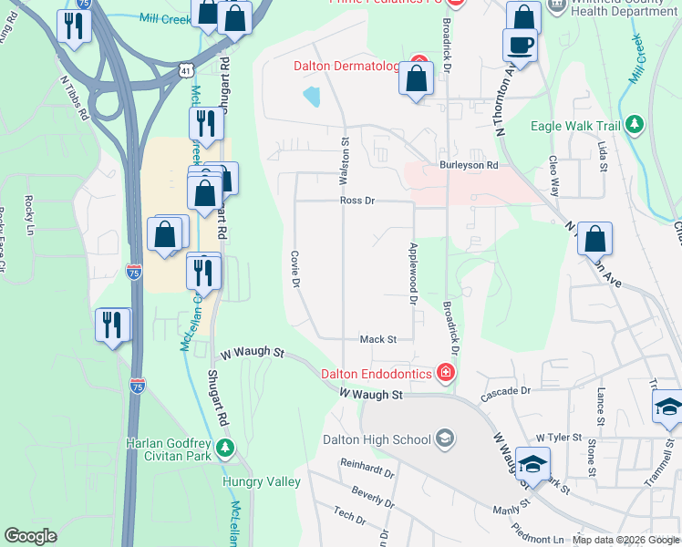 map of restaurants, bars, coffee shops, grocery stores, and more near 1295 Walston Street in Dalton