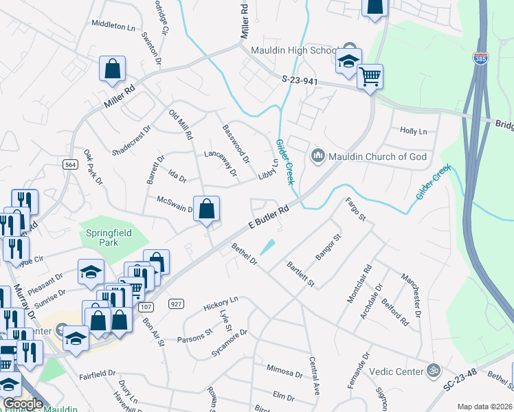 map of restaurants, bars, coffee shops, grocery stores, and more near 402 Summer Woods Drive in Mauldin