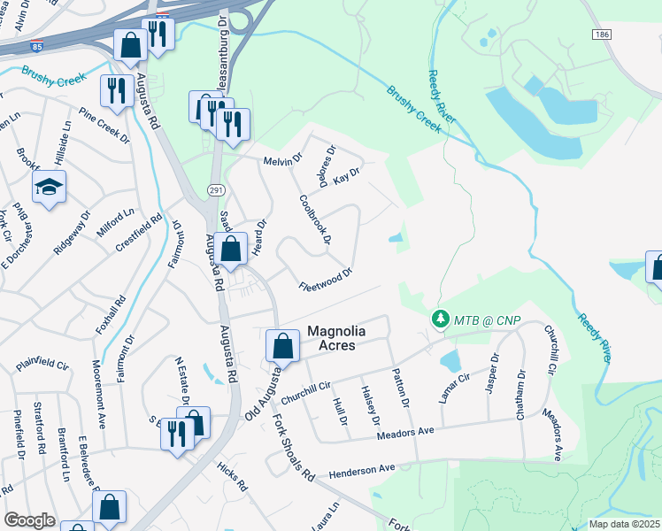 map of restaurants, bars, coffee shops, grocery stores, and more near 302 Coolbrook Drive in Greenville