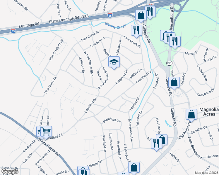 map of restaurants, bars, coffee shops, grocery stores, and more near 311 East Dorchester Boulevard in Greenville