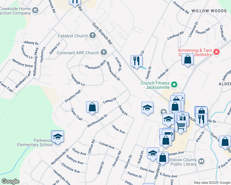 map of restaurants, bars, coffee shops, grocery stores, and more near 103 Grimsby Place in Jacksonville
