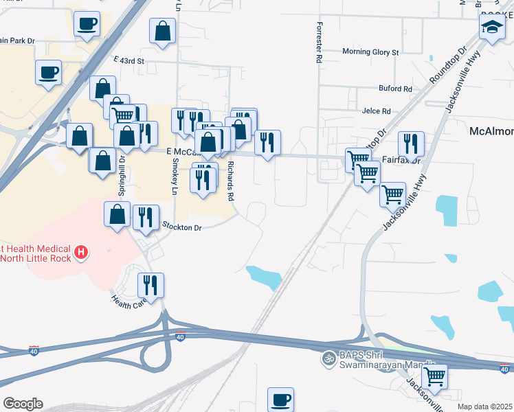 map of restaurants, bars, coffee shops, grocery stores, and more near 3600 Richards Road in North Little Rock