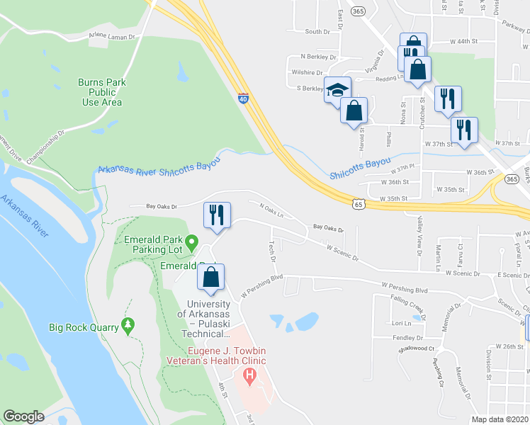 map of restaurants, bars, coffee shops, grocery stores, and more near 1120 North Oaks Lane in North Little Rock