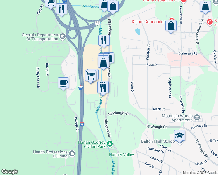map of restaurants, bars, coffee shops, grocery stores, and more near Shugart Road in Dalton