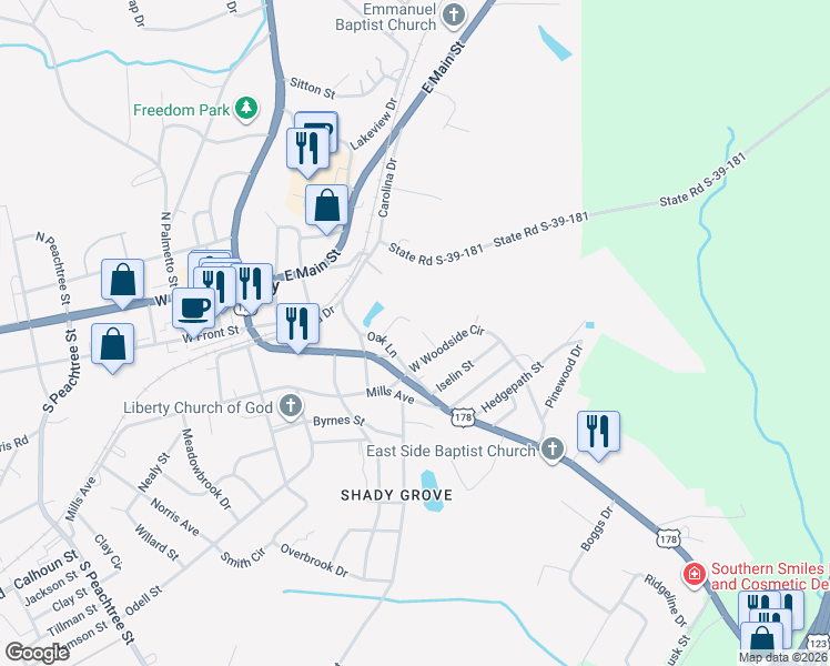 map of restaurants, bars, coffee shops, grocery stores, and more near 111 Simpson Street in Liberty