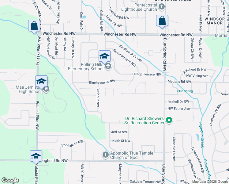 map of restaurants, bars, coffee shops, grocery stores, and more near 4613 Bluehaven Drive Northwest in Huntsville