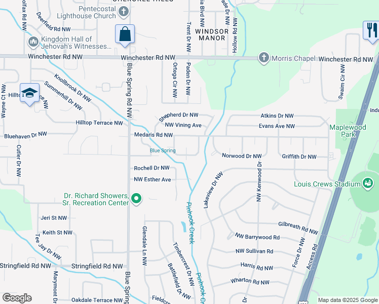 map of restaurants, bars, coffee shops, grocery stores, and more near 2412 Tuxedo Drive Northwest in Huntsville