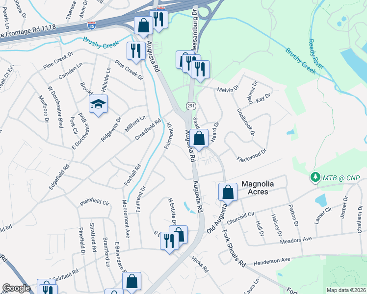 map of restaurants, bars, coffee shops, grocery stores, and more near 4699 Augusta Road in Greenville