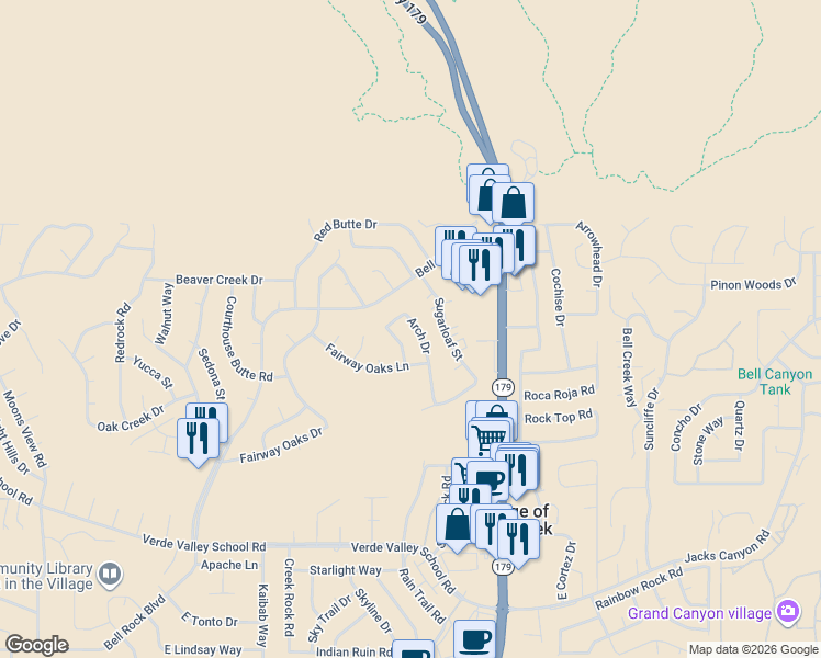 map of restaurants, bars, coffee shops, grocery stores, and more near 160 Arch Drive in Sedona