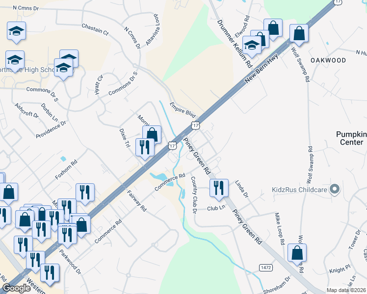 map of restaurants, bars, coffee shops, grocery stores, and more near 116 Piney Green Rd in Jacksonville