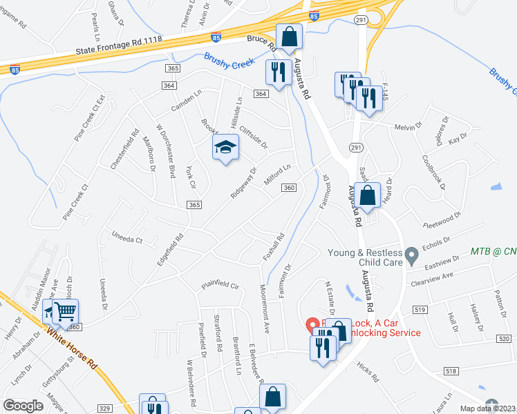 map of restaurants, bars, coffee shops, grocery stores, and more near 208 Crestfield Road in Greenville