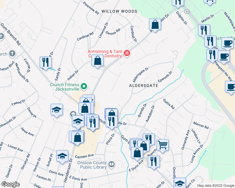 map of restaurants, bars, coffee shops, grocery stores, and more near 102 Winestone Place in Jacksonville