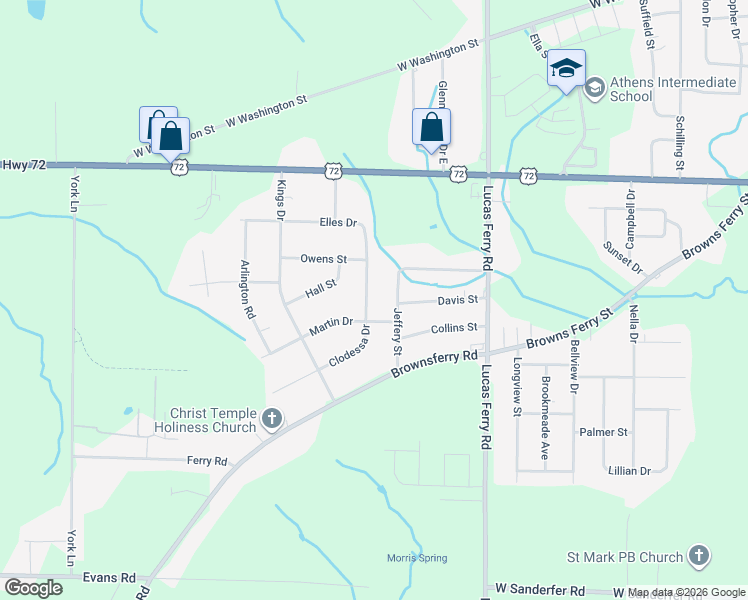 map of restaurants, bars, coffee shops, grocery stores, and more near 17796 Elles Drive in Athens