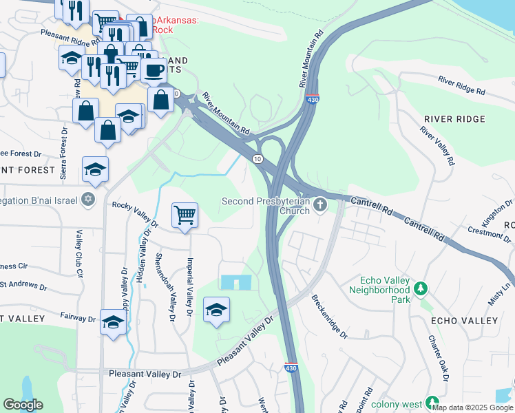 map of restaurants, bars, coffee shops, grocery stores, and more near 53 Rocky Valley Cove in Little Rock