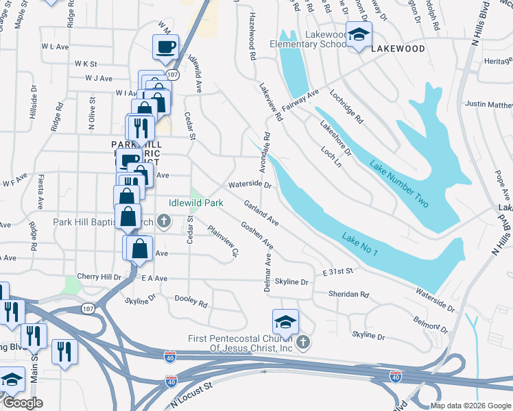 map of restaurants, bars, coffee shops, grocery stores, and more near 1217 Garland Avenue in North Little Rock