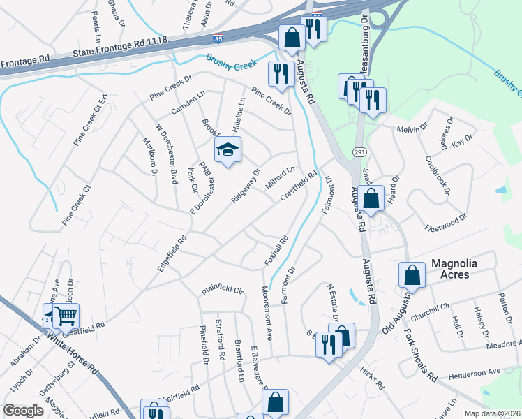 map of restaurants, bars, coffee shops, grocery stores, and more near 208 Crestfield Road in Greenville