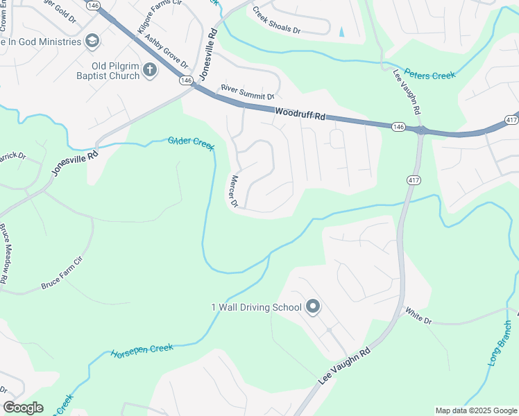 map of restaurants, bars, coffee shops, grocery stores, and more near 107 Mercer Drive in Simpsonville