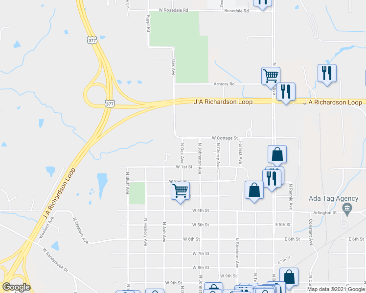 map of restaurants, bars, coffee shops, grocery stores, and more near 1200 North Oak Avenue in Ada