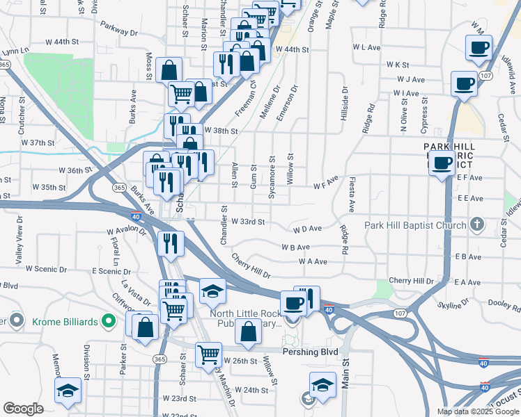 map of restaurants, bars, coffee shops, grocery stores, and more near 524 West 34th Street in North Little Rock