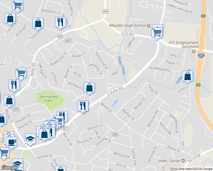 map of restaurants, bars, coffee shops, grocery stores, and more near 301 Summer Woods Drive in Mauldin