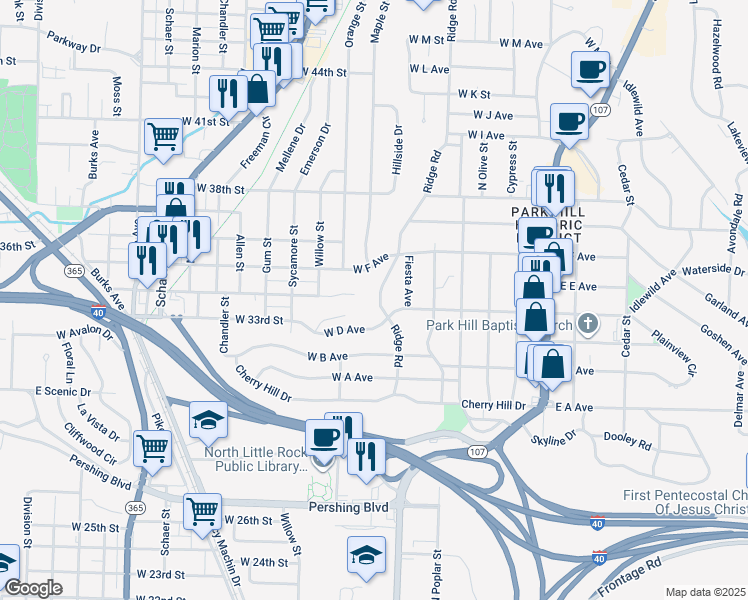 map of restaurants, bars, coffee shops, grocery stores, and more near 3407 Ridge Road in North Little Rock