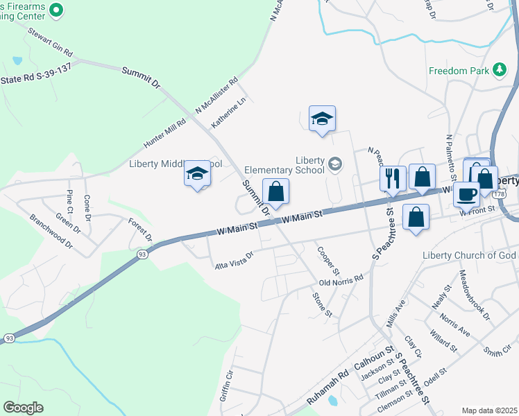 map of restaurants, bars, coffee shops, grocery stores, and more near 101 Forest View Circle in Liberty