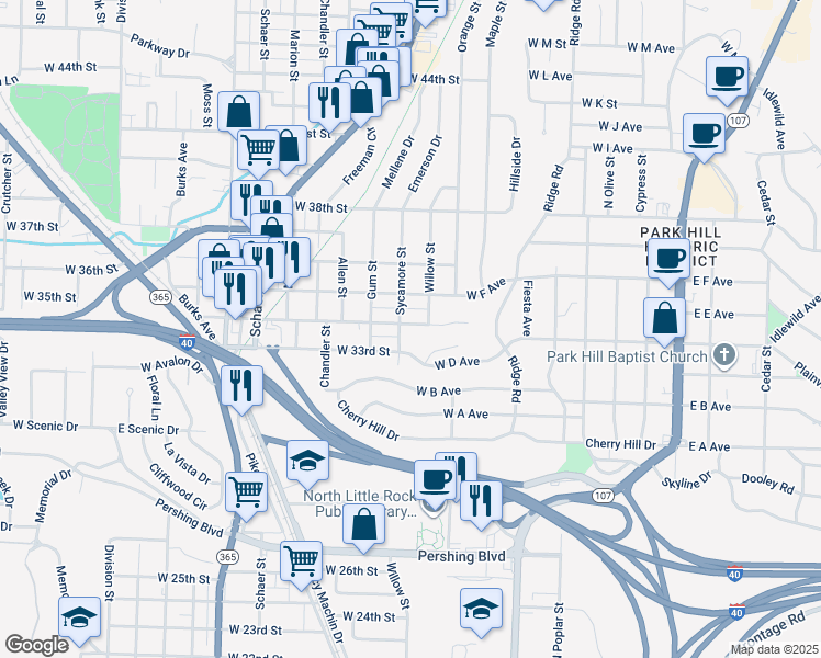 map of restaurants, bars, coffee shops, grocery stores, and more near 418 West 34th Street in North Little Rock