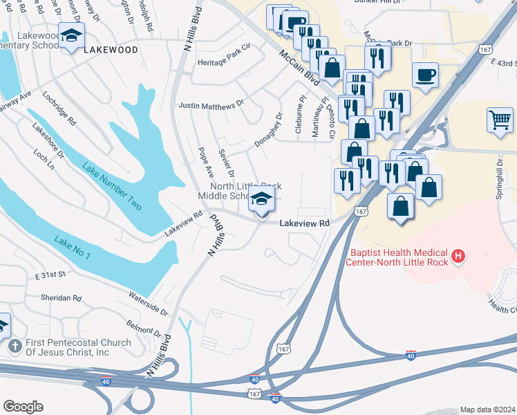 map of restaurants, bars, coffee shops, grocery stores, and more near 3408 McCord Drive in North Little Rock