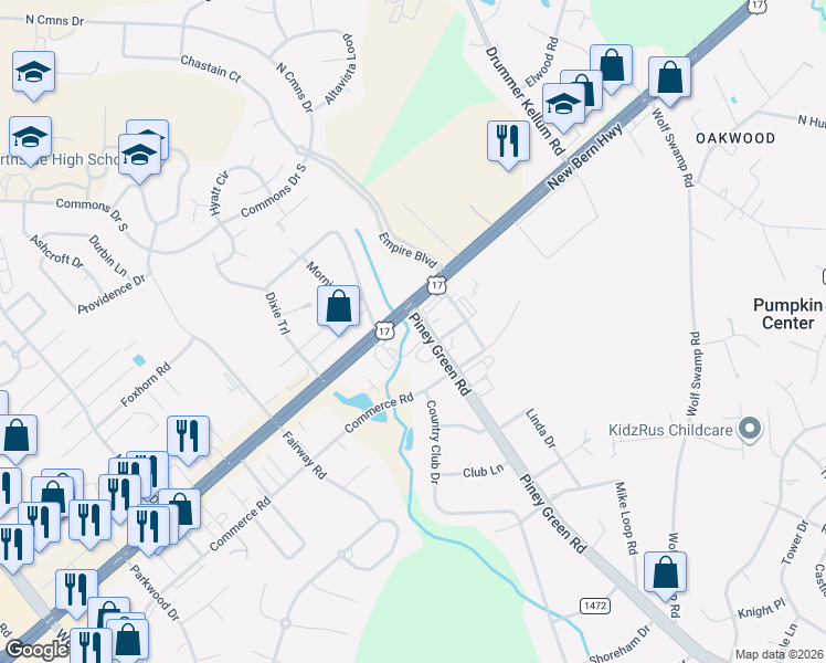 map of restaurants, bars, coffee shops, grocery stores, and more near 116 Piney Green Road in Jacksonville