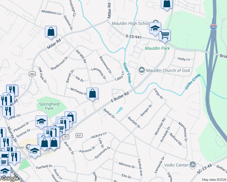 map of restaurants, bars, coffee shops, grocery stores, and more near 402 Summer Woods Drive in Mauldin