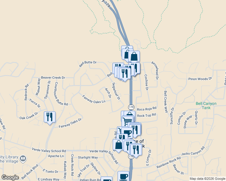 map of restaurants, bars, coffee shops, grocery stores, and more near 125 Sugarloaf Street in Sedona