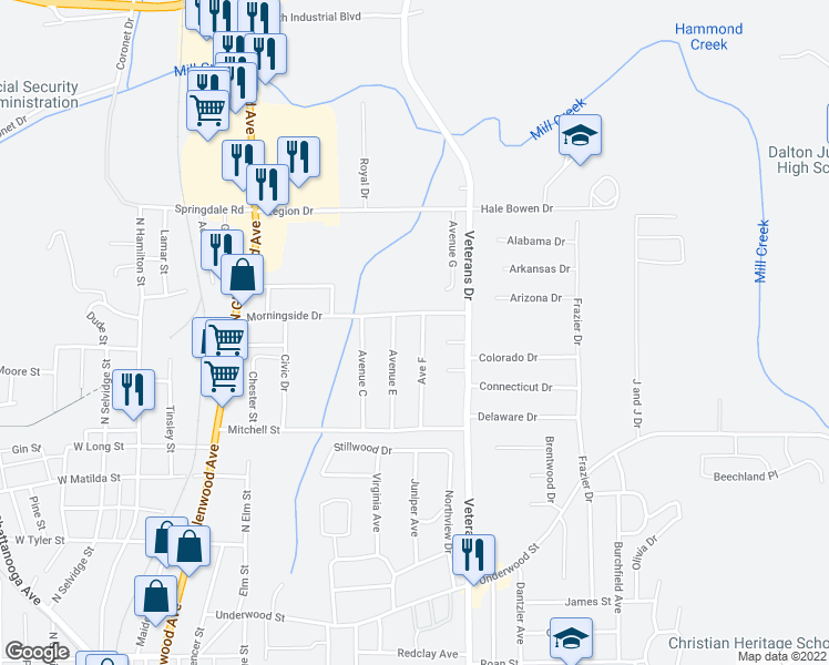 map of restaurants, bars, coffee shops, grocery stores, and more near 939 Avenue F in Dalton