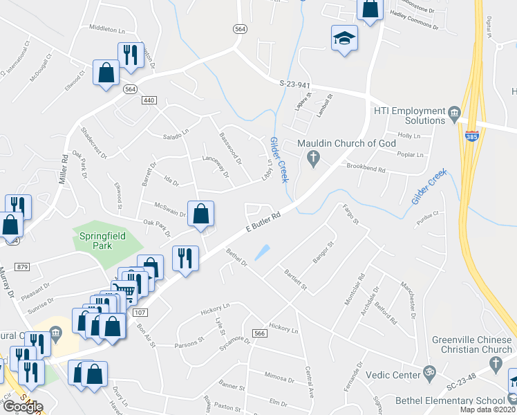 map of restaurants, bars, coffee shops, grocery stores, and more near 612 Summer Woods Drive in Mauldin