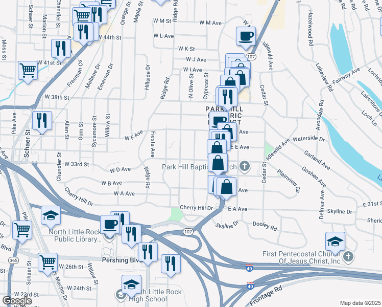 map of restaurants, bars, coffee shops, grocery stores, and more near 3409 North Olive Street in North Little Rock