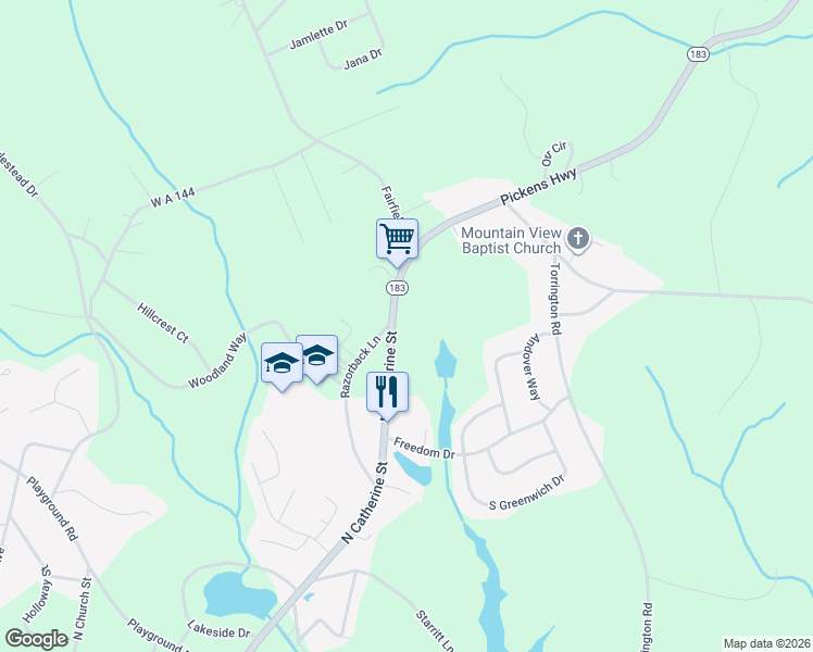 map of restaurants, bars, coffee shops, grocery stores, and more near 1500 Pickens Highway in Walhalla