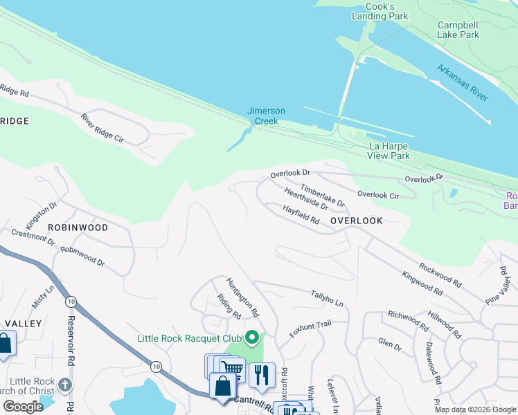 map of restaurants, bars, coffee shops, grocery stores, and more near 37 Overlook Drive in Little Rock