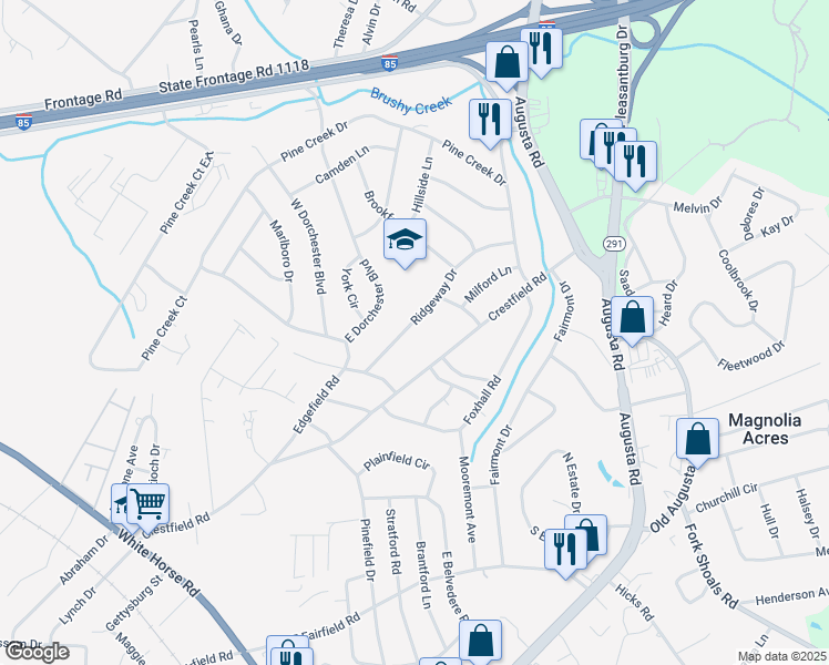 map of restaurants, bars, coffee shops, grocery stores, and more near 18 Ridgeway Drive in Greenville