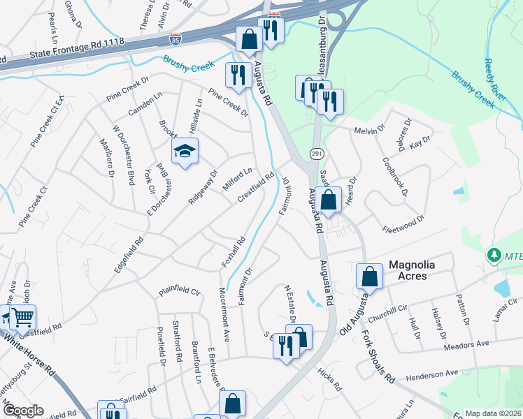 map of restaurants, bars, coffee shops, grocery stores, and more near 11 Foxhall Road in Greenville