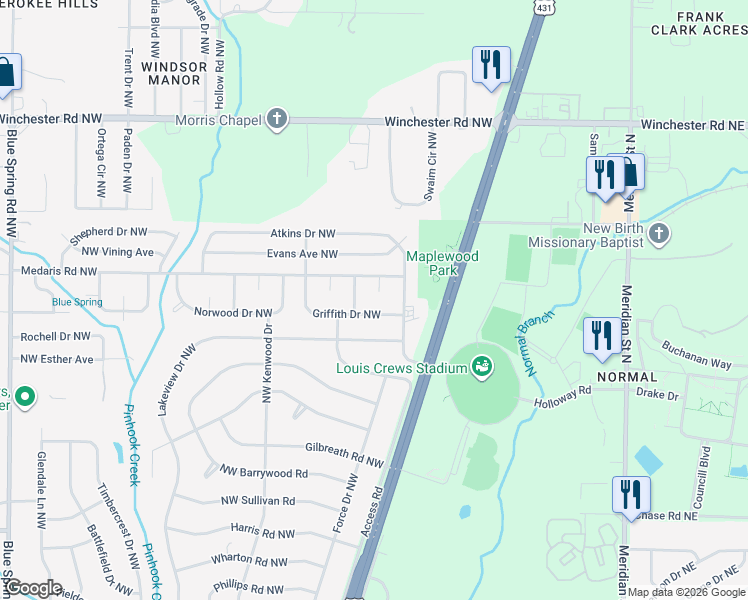 map of restaurants, bars, coffee shops, grocery stores, and more near 2113 Acorn Circle Northwest in Huntsville