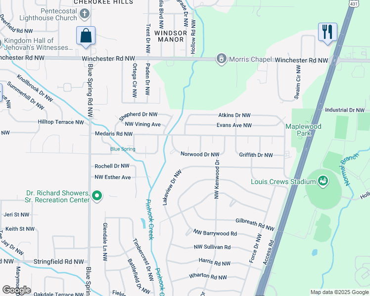 map of restaurants, bars, coffee shops, grocery stores, and more near 2238 Northwest Kamis Circle in Huntsville