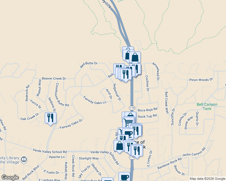 map of restaurants, bars, coffee shops, grocery stores, and more near 125 Sugarloaf Street in Sedona