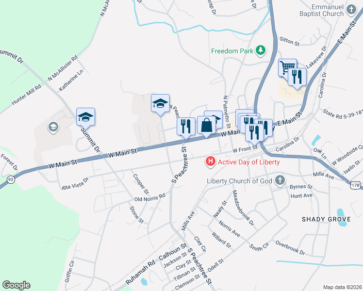 map of restaurants, bars, coffee shops, grocery stores, and more near 2 South Peachtree Street in Liberty