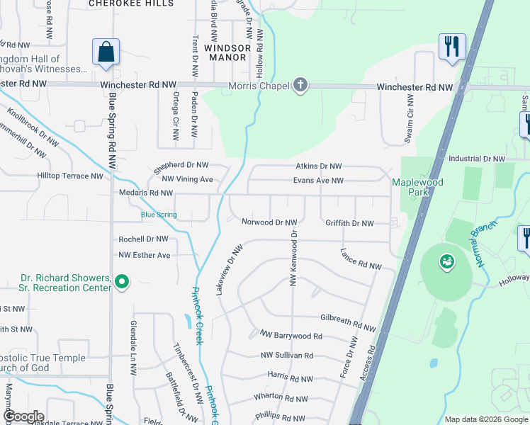 map of restaurants, bars, coffee shops, grocery stores, and more near 4802 Padgett Drive in Huntsville