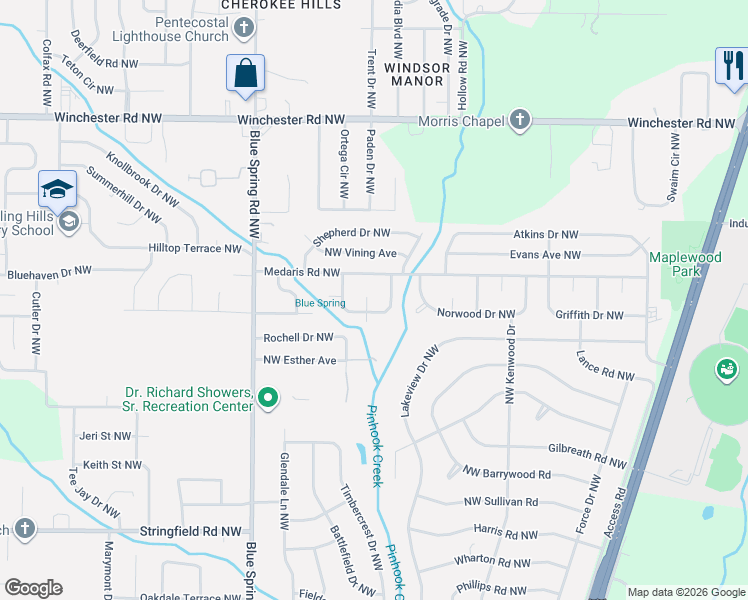 map of restaurants, bars, coffee shops, grocery stores, and more near 2412 Tuxedo Drive Northwest in Huntsville