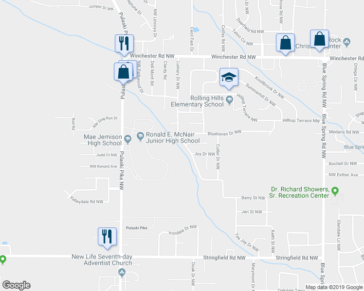 map of restaurants, bars, coffee shops, grocery stores, and more near 4816 Lumary Drive Northwest in Huntsville