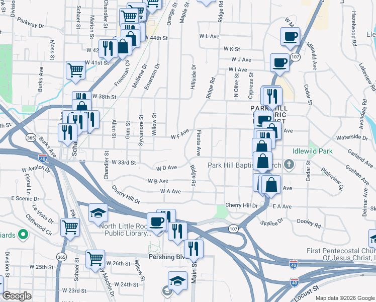 map of restaurants, bars, coffee shops, grocery stores, and more near 3407 Ridge Road in North Little Rock
