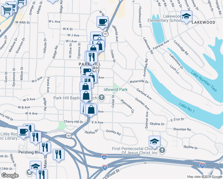 map of restaurants, bars, coffee shops, grocery stores, and more near 224 East East Avenue in North Little Rock