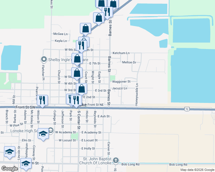 map of restaurants, bars, coffee shops, grocery stores, and more near 318 Barnes Street in Lonoke